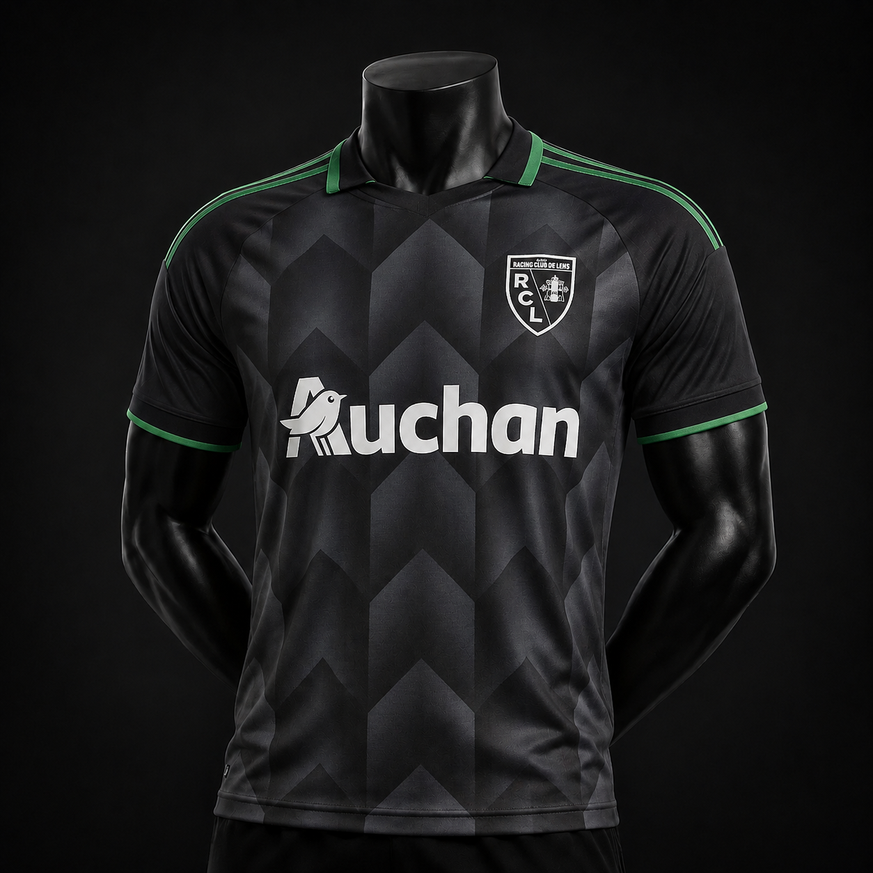 RC Lens maillot extérieur 2026/2027 version Player vue de face sur mannequin noir